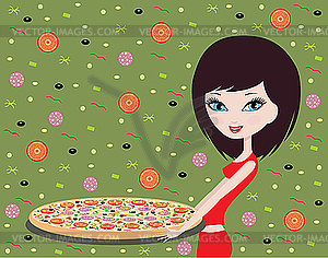 Девушка с пиццей - векторное изображение EPS