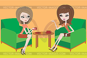 Two young women talk in armchairs - stock vector clipart