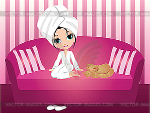 Woman cartoon on crimson sofa - vector image