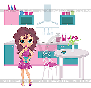 Cartoon girl on kitchen bears teapot - vector image