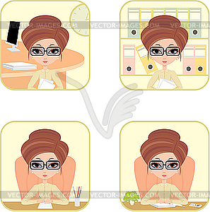 Business woman in office. Four icons - vector EPS clipart