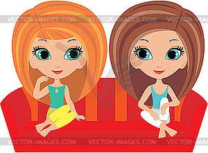 Girls talk on sofa - vector image