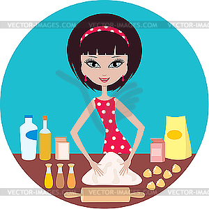 Young woman prepares dough - vector image