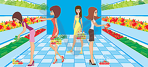 Women chooses vegetables in supermarket - vector image