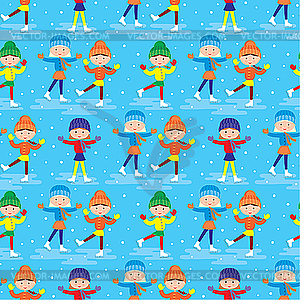 Seamless girls on skating rink pattern - vector image