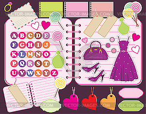 Scrapbook elements with letters and clothes. - vector clipart