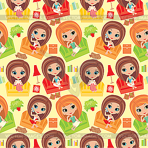 Seamless girls cartoon pattern. - vector image