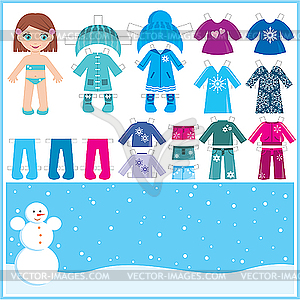 Paper doll with set of winter clothes - color vector clipart