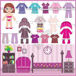 Paper doll with set of clothes and room - vector clipart