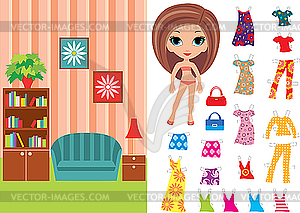 Paper doll with clothes and room - vector clip art