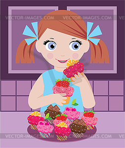 Little girl in kitchen with cupcakes - color vector clipart