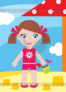 Little girl in sandbox with bucke - vector image
