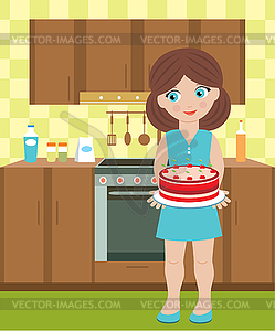 Young woman holds pie - color vector clipart