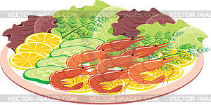 Dish from shrimps and vegetables - vector image