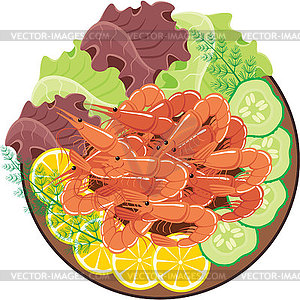 Dish from shrimps and vegetables - vector image