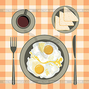 Fried eggs in plate, coffee and bread - vector image