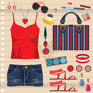 Fashion set with jeans skirt - vector image