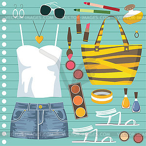 Fashion set with jeans skirt - vector clipart