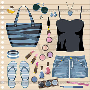 Fashion set with jeans skirt - vector clipart
