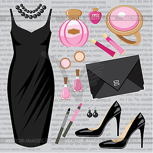 Fashion set with a cocktail dress - vector image