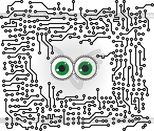 Circuit board background with funny eyes - vector clip art