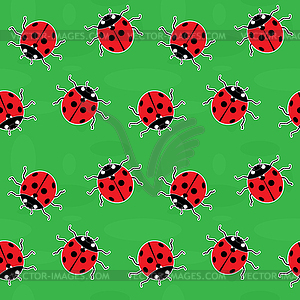 Seamless background - ladybugs on green - vector image