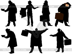 Silhouettes of men in cloak with suitcase - vector clipart