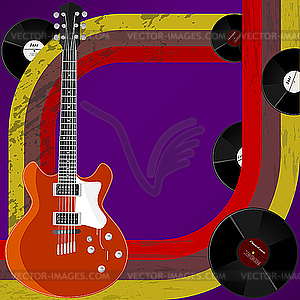 Retro background with his guitar and vinyl records - vector image