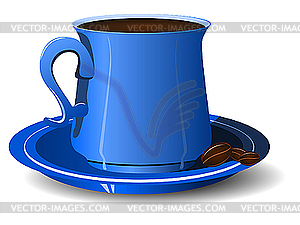 Blue cup with coffee beans on platter. - vector image