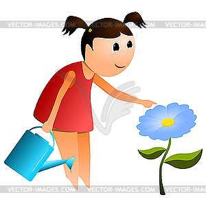 Girl with watering can and flower. - vector EPS clipart