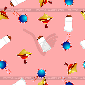 Seamless texture with humming top, rattle and baby bottle - vector clipart / vector image