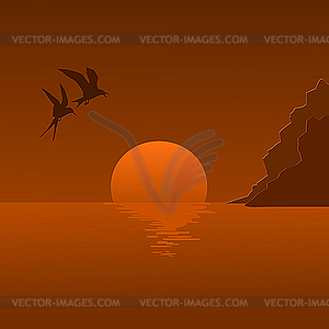 Sunrise and flying seagulls - vector clipart