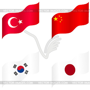 Set of flags of Japan, China, Korea, Turkey - vector clipart