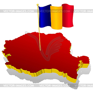 Three-dimensional map of Romania with national flag - vector image