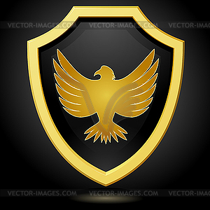 Golden shield on black background with an - vector image