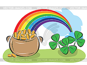 St. Patrick Day pot with coins, rainbow and shamrocks - vector clip art