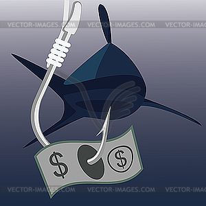 Bank note on fishing hook with shark - vector image