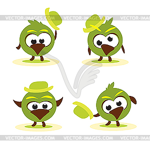 Set of funny cartoon birds with hat - vector image