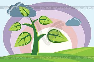 Plant, sun, clouds and hills - vector clipart