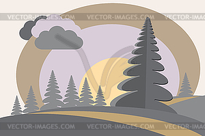 Fir-tree hills with sun and clouds - vector clipart