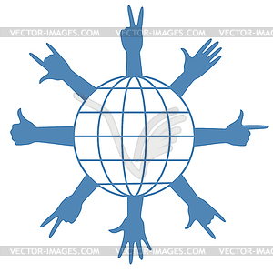 Finger signs around globe - vector clipart