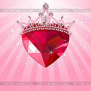 Crystal heart with crown on radial background - vector image