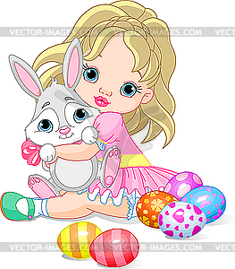 Little girl and Easter bunny - vector clip art