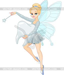 Cute Tooth Fairy flying with Tooth - vector clipart