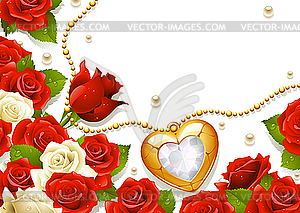 Postcard with roses, pearls and medallion - vector image