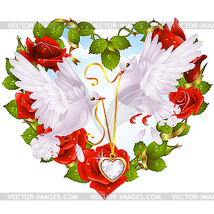 Rose wreath in shape of heart and couple of doves - vector clipart