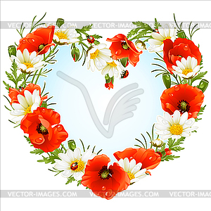 Flower frame as heart of poppies and camomiles - vector clipart