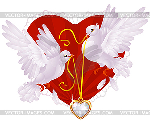 Два белых голубя и золотое сердце - стоковый векторный клипарт
