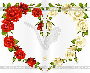 Красные и белые розы кадра в форме сердца - векторное графическое изображение