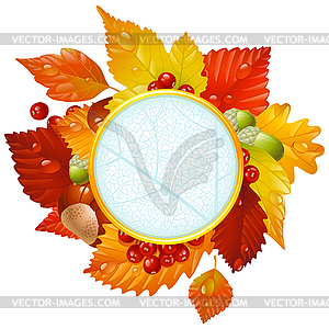 Autumnal round frame with fall leaf, chestnut, acorn and ash - vector clipart